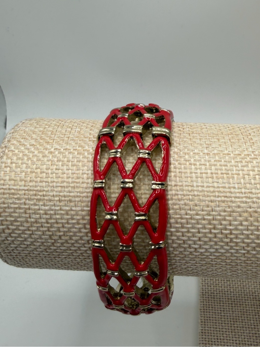 Red Enamel and Gold-Tone Lattice Link Bracelet - Women's Fashion Jewelry
